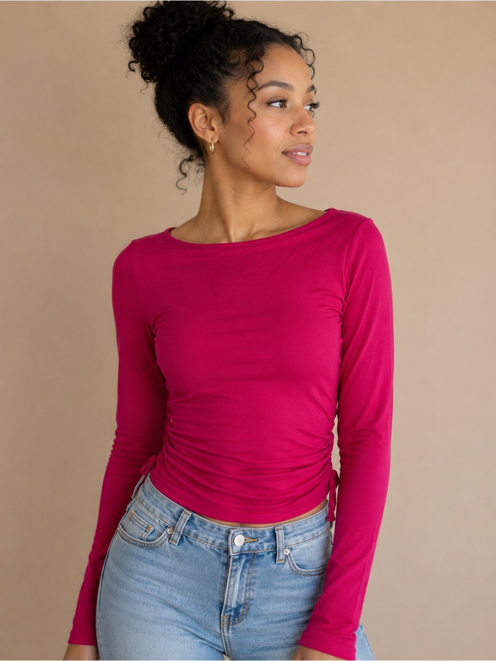 Boatneck Long Sleeve Top in Fuchsia